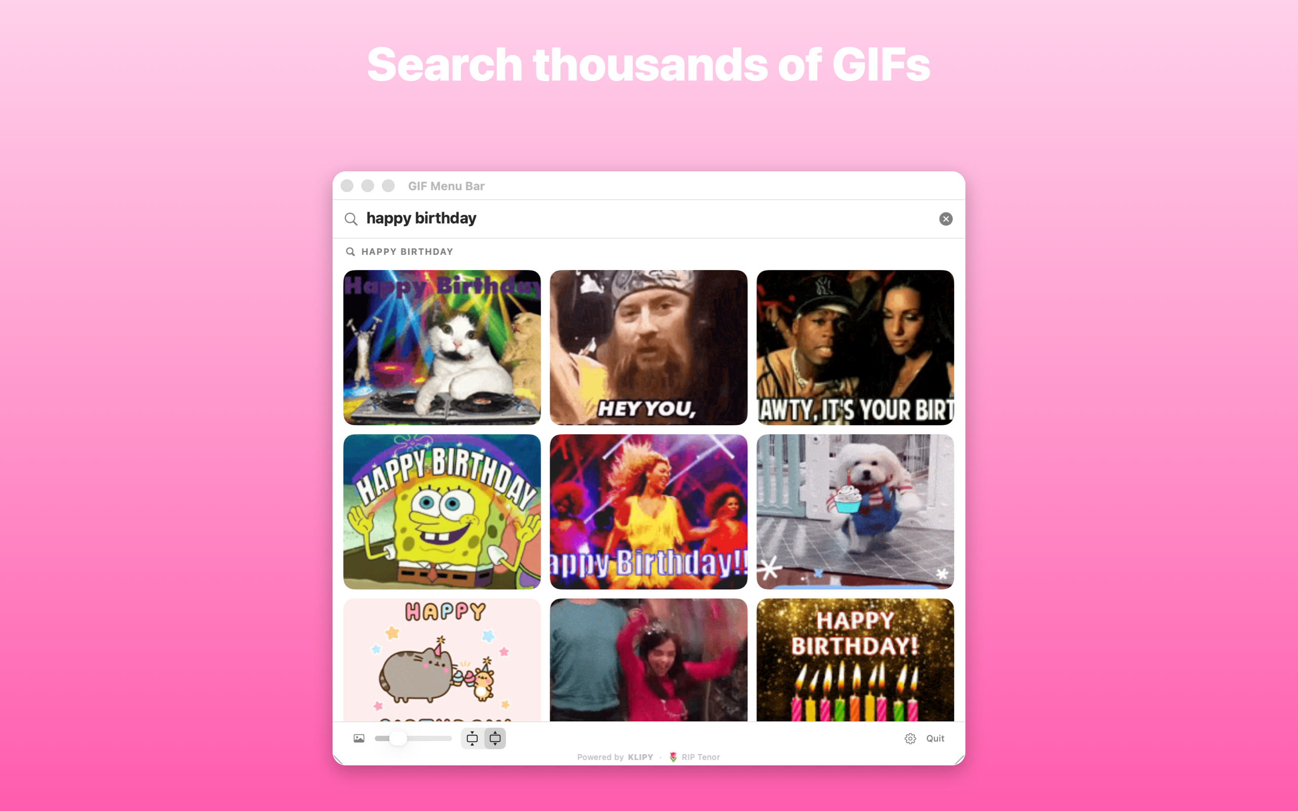 GIF Menu Bar app on macOS showing a grid of happy birthday GIF search results